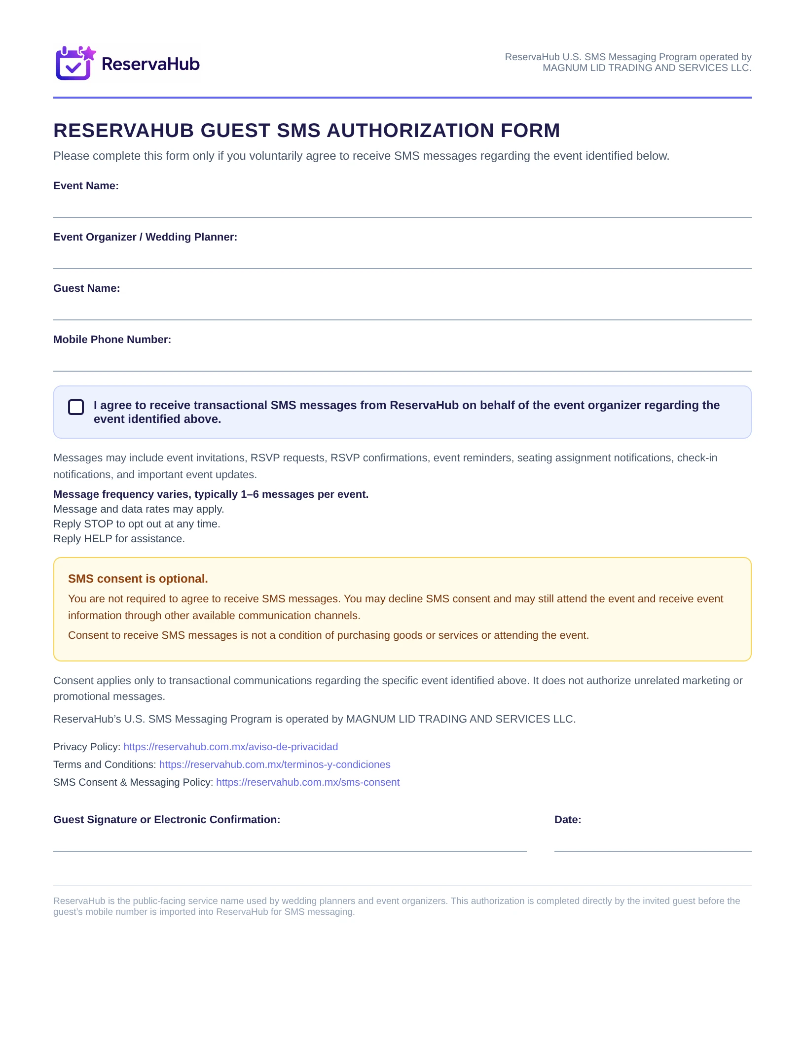 English ReservaHub guest SMS authorization form showing mobile phone field, unchecked consent checkbox, message frequency, message and data rates notice, STOP and HELP instructions, and optional consent disclosure.