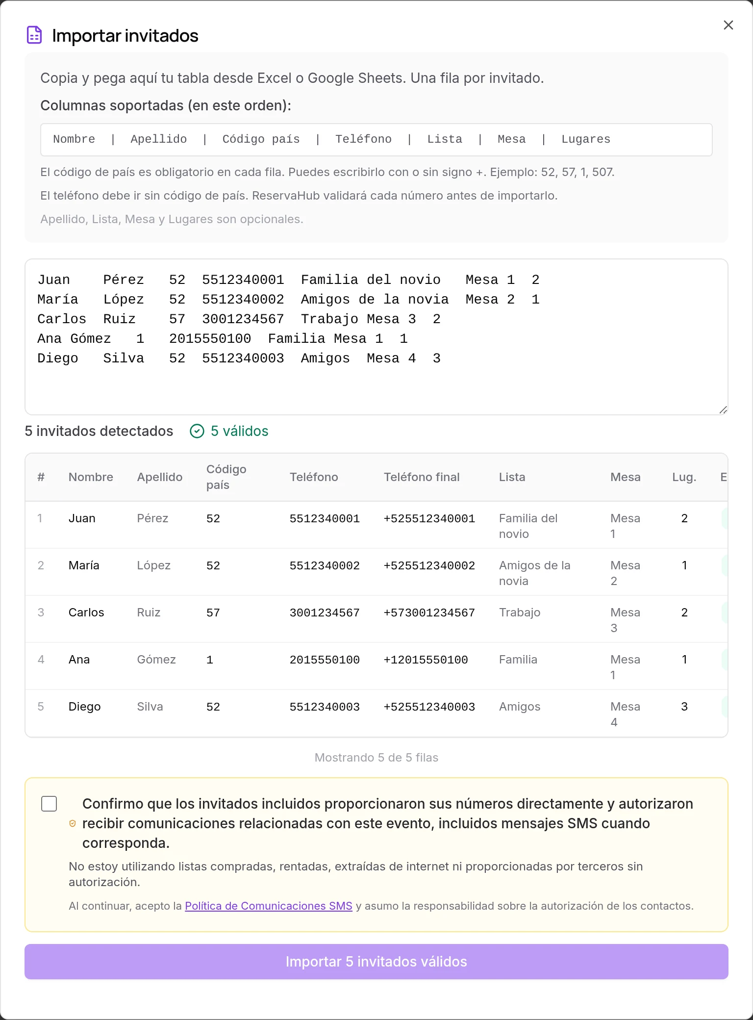 ReservaHub guest import screen showing the organizer SMS consent certification checkbox before the Import Guests button.